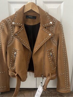 Zara Brown Studded Suede Moto Jacket